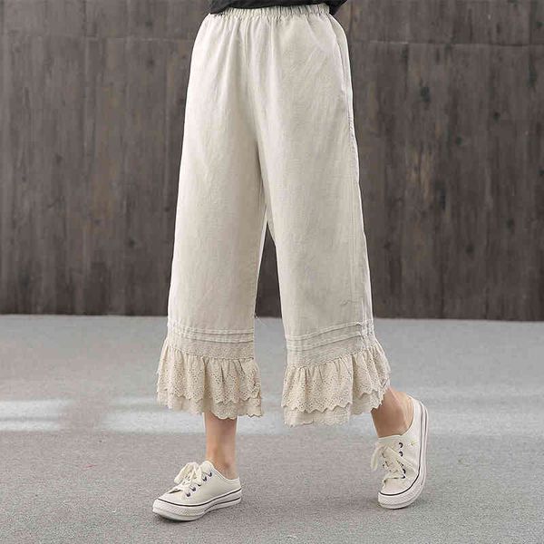 lamtrip literature art forest simple cotton linen lace lacing japanese loose wide leg pants women 210413, Black;white